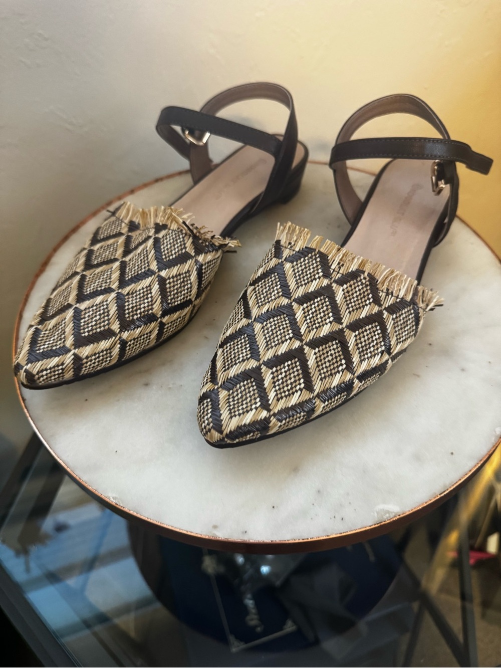 Chocolat Blu Black & Natural Woven Pointed-Toe Ankle Strap Flats